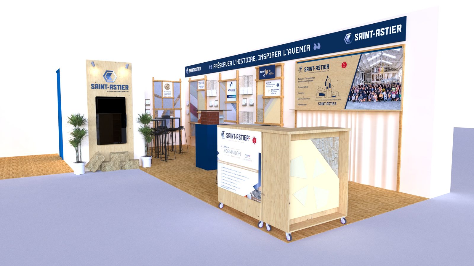Vue 3D du stand Chaux Saint-Astier® avec le corner formation au premier plan