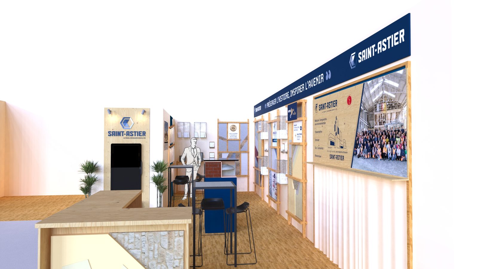 Vue 3D du stand Chaux Saint-Astier® au Salon International du Patrimoine Culturel 2026 : présentoirs et panneaux « Préserver l'histoire, inspirer l'avenir »