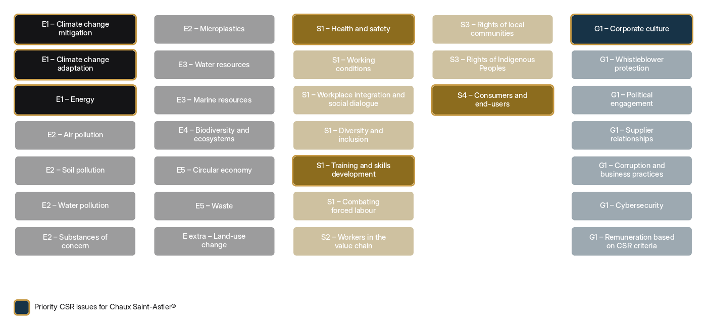Chaux Saint-Astier's ESRS materiality matrix with the seven priority CSR issues highlighted: climate change adaptation and mitigation, energy, health and safety, training and skills development, consumers and end-users, corporate culture